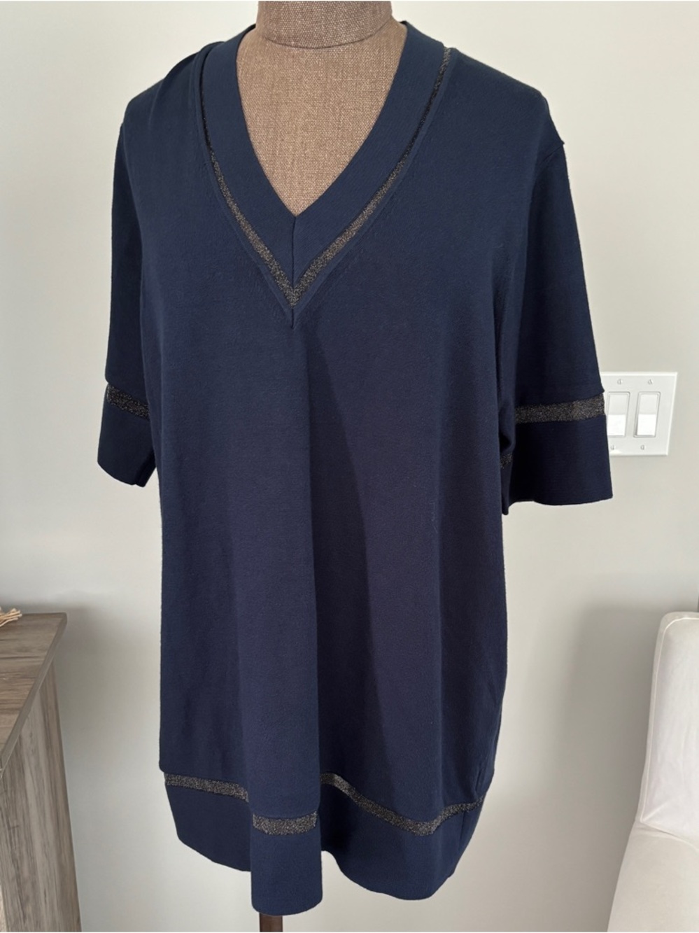 Saks Fifth Avenue Navy V-Neck Short Sleeve Top with Metallic Trim